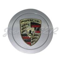 Wheel hub cap, gray, (with Porsche emblem in red and gold and lacquered finish) with ringed fastener