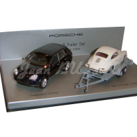 1/43 Porsche Cayenne scale model with beige 356 B on tow trailer